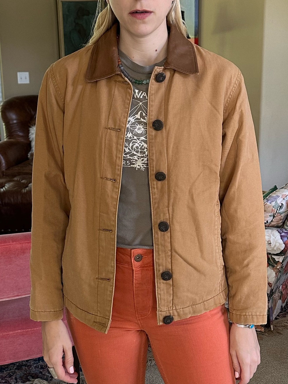 Tan Canvas Woolrich Jacket - Leather collar/ fleece lined